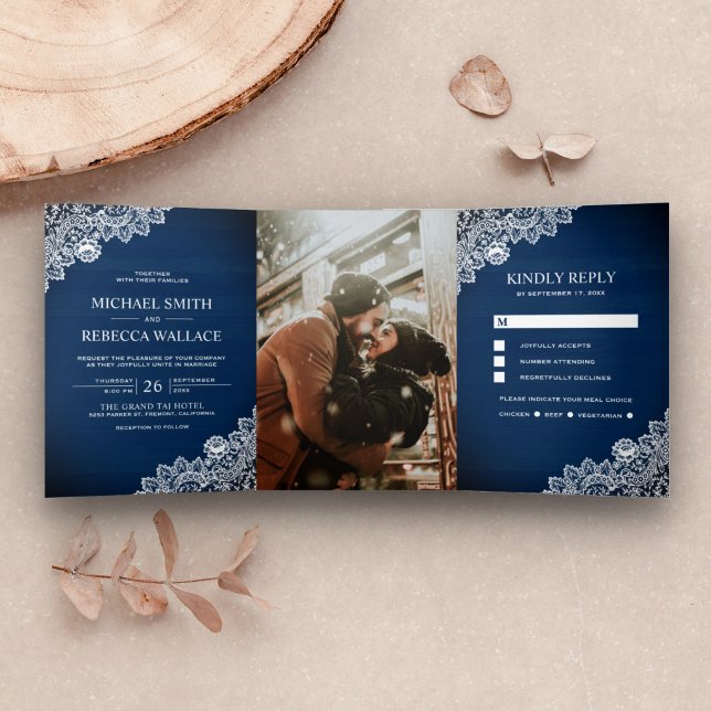 Invitación Tríptica Boda Rústica Campestre Azul Marino Madera Encaje F (Subido por el creador)