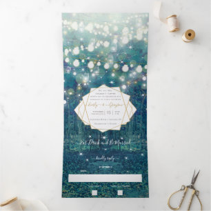 Invitación Tríptica Boda Rústica Chic Bosque Azul Verde Dorado