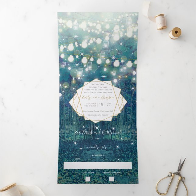 Invitación Tríptica Boda Rústica Chic Bosque Azul Verde Dorado (Interior)