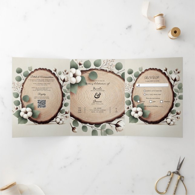 Invitación Tríptica Boda rústica de madera de eucalipto y algodón en e (Interior)