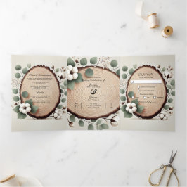 Invitación Tríptica Boda rústica de madera de eucalipto y algodón en e