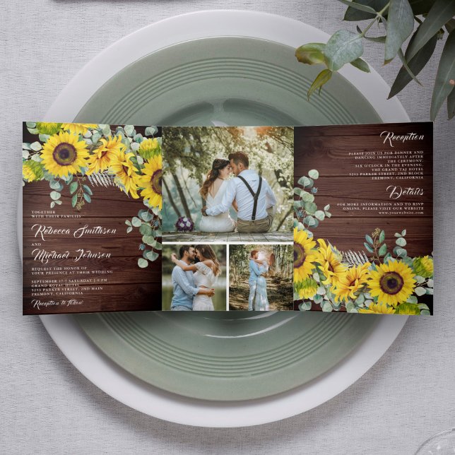 Invitación Tríptica Boda Rústica de Madera de Granero con Girasoles y  (Subido por el creador)