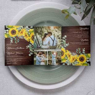 Invitación Tríptica Boda Rústica de Madera de Granero con Girasoles y