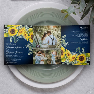 Invitación Tríptica Boda Rústica de Madera, Girasoles, Eucalipto y Azu