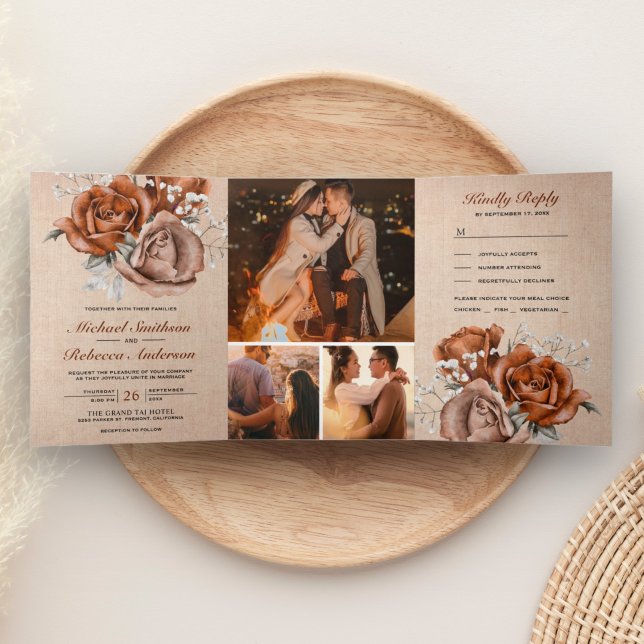 Invitación Tríptica Boda Rústica en Arpillera con Rosa Naranja Quemada (Subido por el creador)