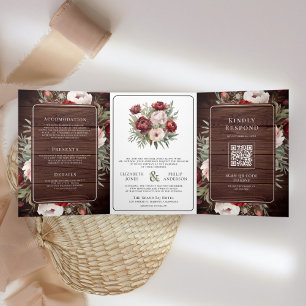 Invitación Tríptica Boda Rústica Floral Rosa Crema Borgoña Madera