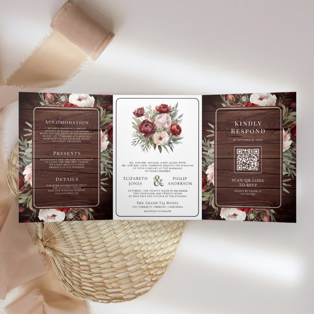 Invitación Tríptica Boda Rústica Floral Rosa Crema Borgoña Madera (Subido por el creador)