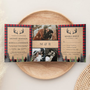 Invitación Tríptica Boda rústica Kraft Plaid rojo de búfalo Cuerno de