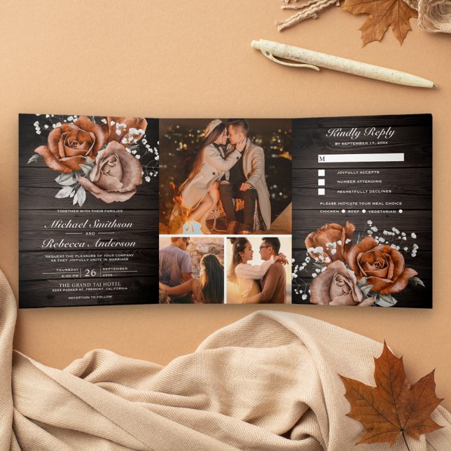 Invitación Tríptica Boda Rústica Madera Naranja Quemada Rosa Todo en U (Subido por el creador)