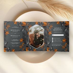 Invitación Tríptica Boda Rústica Terracota Naranja Floral Terrosa