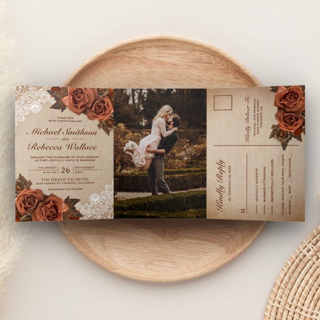 Invitación Tríptica Boda Rústica Terrosa Arpillera Polvorienta Rosa Te (Subido por el creador)