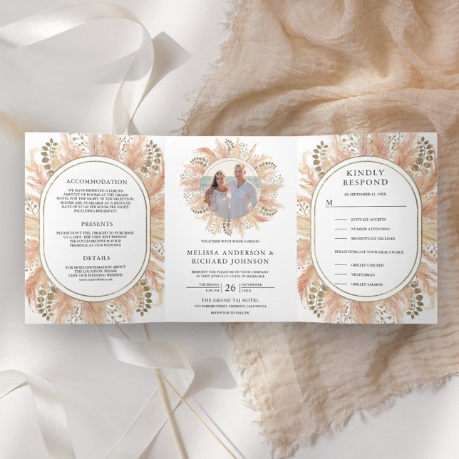 Invitación Tríptica Boda Rústica Terrosa Boho Pampas Todo en Uno (Subido por el creador)