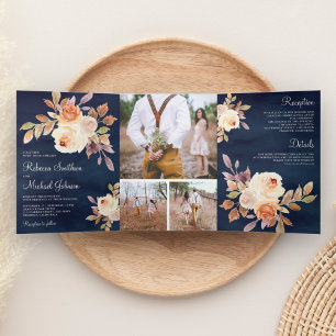 Invitación Tríptica Boda Rústica Terrosa Polvorienta Melocotón Floral 