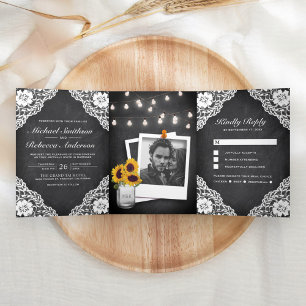 Invitación Tríptica Boda Rústico Black Chalkboard Lace String Lights