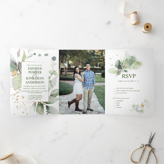 Invitación Tríptica Boda Rústico Botánico de Vegetación y Oro (Interior)