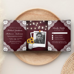 Invitación Tríptica Boda Rústico Burgundy Wood Lace String Lights