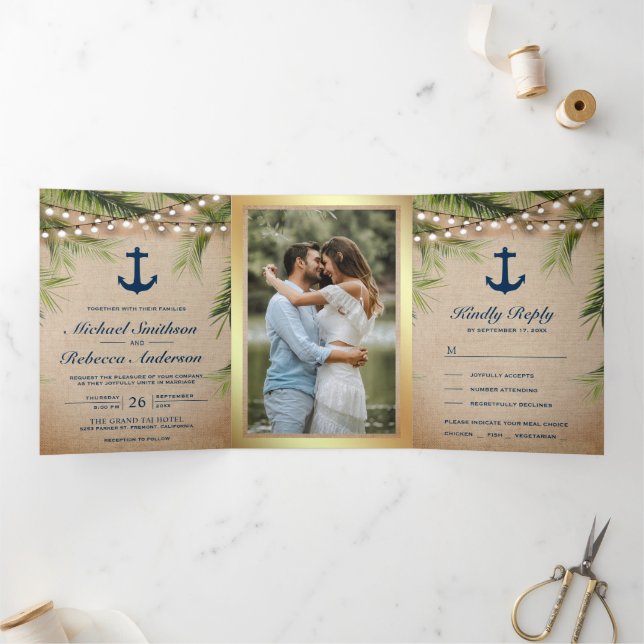 Invitación Tríptica Boda Rústico Burlap Tropical Palm Anchor Luces (Interior)