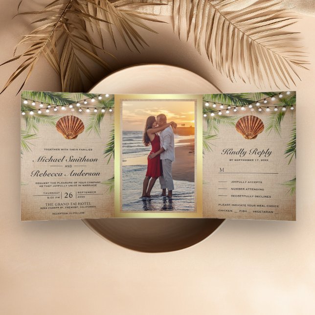Invitación Tríptica Boda Rústico Burlap Tropical Palm Leaf Seashell (Subido por el creador)