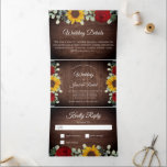 Invitación Tríptica Boda Rústico de girasoles Eucalipto Rojas<br><div class="desc">Esta invitación a una boda triple incluye una postal RSVP "integrada" y una tarjeta de detalles de boda con girasoles color agua, rosas rojas y eucalipto pintados de bonito sobre un fondo rústico de madera. Haga clic en el botón personalizar para obtener más flexibilidad en la modificación del texto. En...</div>