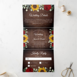 Invitación Tríptica Boda Rústico de girasoles Eucalipto Rojas