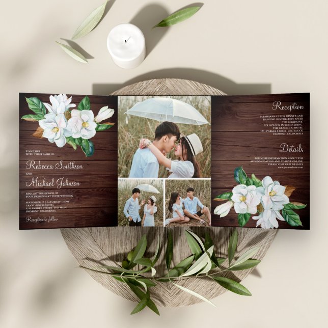 Invitación Tríptica Boda Rústico de la Magnolia Blanca Floral Barn Woo (Subido por el creador)