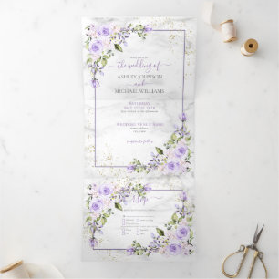 Invitación Tríptica Boda Rústico Lilac Lavender Gold Marble