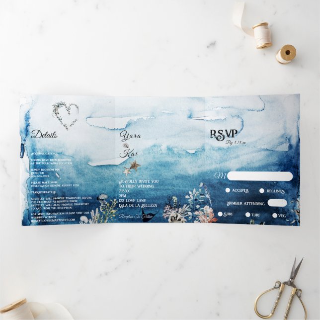 Invitación Tríptica Boda Rústico Ocean Menu-Choice RSVP (Interior)
