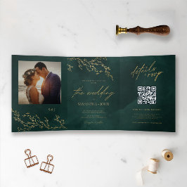 Invitación Tríptica Boda selecta botánica de oro y verde esmeralda