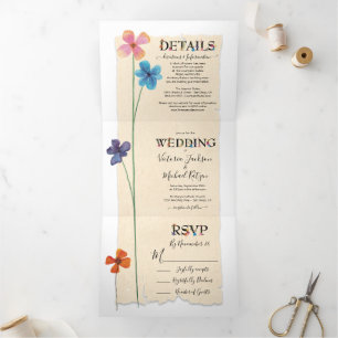Invitación Tríptica Boda sencillo de flores a presión dulce