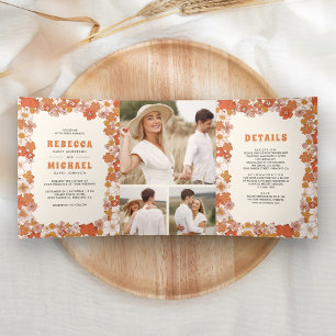 Invitación Tríptica Boda Silvestre Retro Groovy Naranja Crema