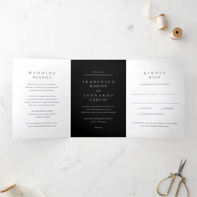 Invitación Tríptica Boda Simple Clásica Negra (Interior)