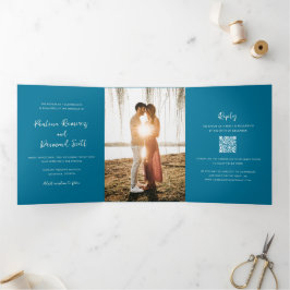 Invitación Tríptica Boda Simple Código QR Azul Moderno