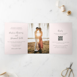 Invitación Tríptica Boda Simple Código QR Rosa Moderno