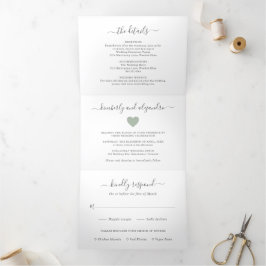 Invitación Tríptica Boda Simple Cute Corazón Foto Verde Salvia Moderno