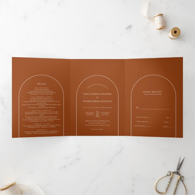 Invitación Tríptica Boda simple de Boho Arch Terracotta (Interior)