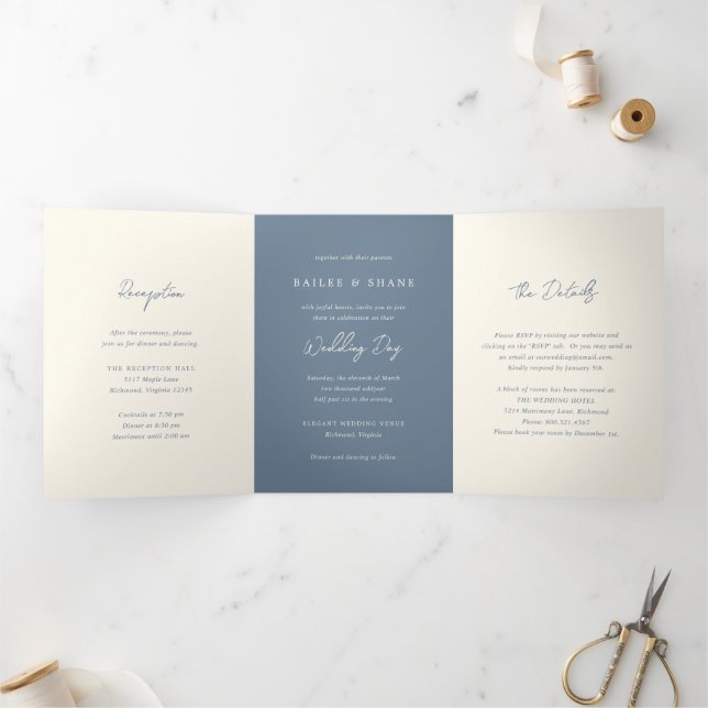 Invitación Tríptica Boda Simple Polvo Azul Moderno (Interior)
