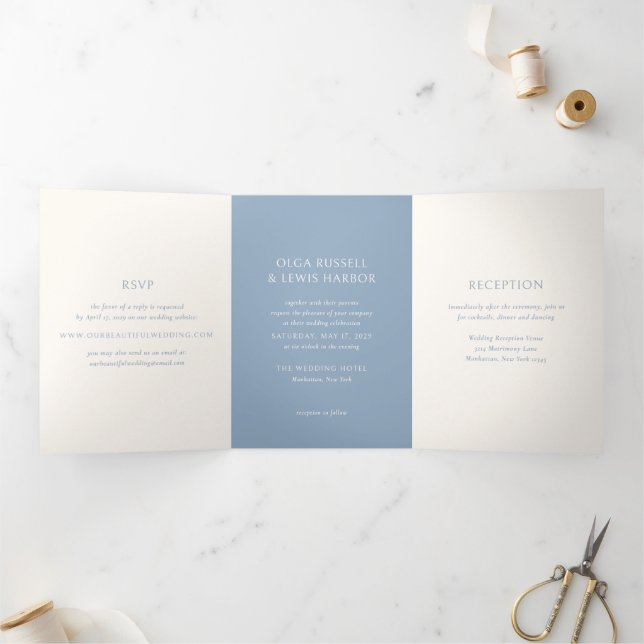 Invitación Tríptica Boda Simple Polvo Azul Moderno (Interior)