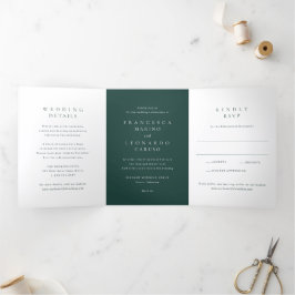 Invitación Tríptica Boda Simple Verde Esmeralda Clásico