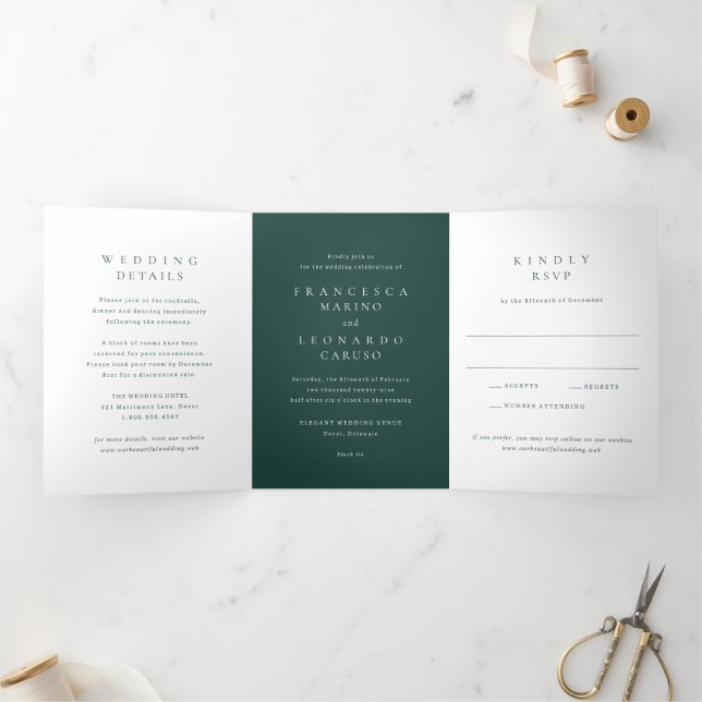 Invitación Tríptica Boda Simple Verde Esmeralda Clásico (Interior)