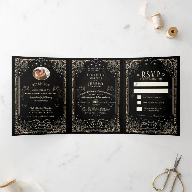 Invitación Tríptica Boda Tarot de Halloween - "Junto con" Tri-Fold (Interior)