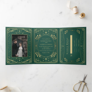 Invitación Tríptica Boda Tarot Gold y Emerald Elegant