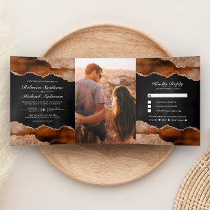 Invitación Tríptica Boda Terracota Naranja Quemada Mármol Ágata Negro