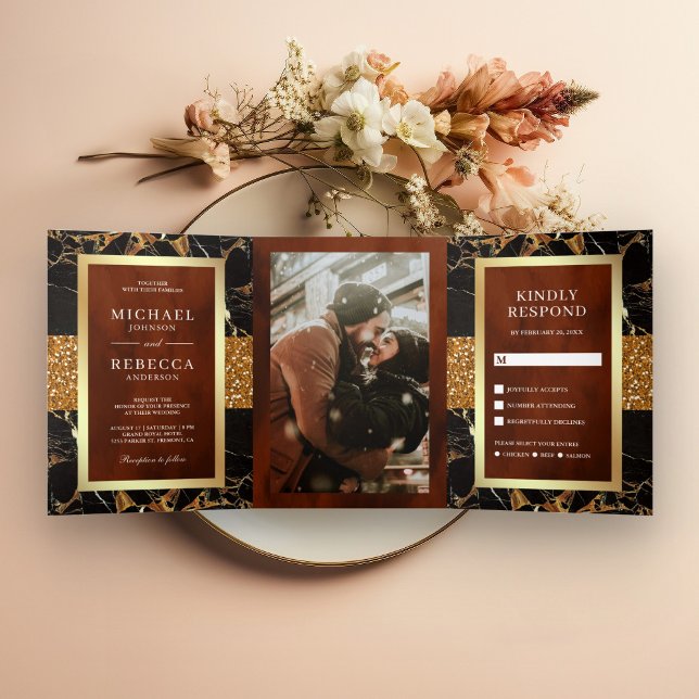 Invitación Tríptica Boda Terracotta Purpurina de oro de mármol negro (Subido por el creador)