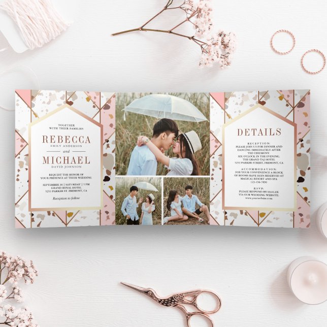 Invitación Tríptica Boda Terrazzo geométrico de tierra rosa de Rubor (Subido por el creador)