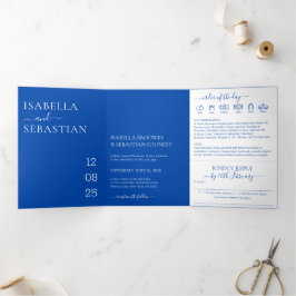 Invitación Tríptica Boda Todo en Uno Azul Cobalto