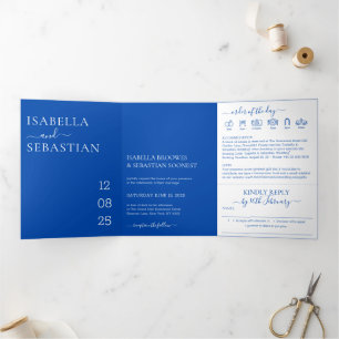 Invitación Tríptica Boda Todo en Uno Azul Cobalto