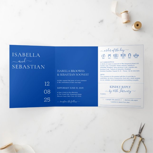 Invitación Tríptica Boda Todo en Uno Azul Cobalto (Interior)