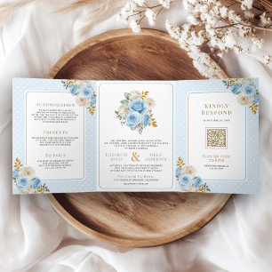 Invitación Tríptica Boda Todo en Uno Blue Gold Marfil Floral Rosas