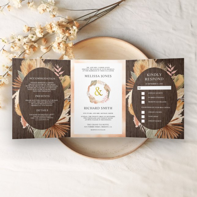 Invitación Tríptica Boda Todo en Uno Boho Pampas Palma Seca de Madera (Subido por el creador)