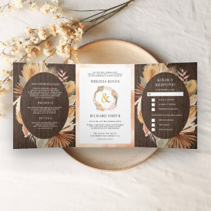Invitación Tríptica Boda Todo en Uno Boho Pampas Palma Seca de Madera
